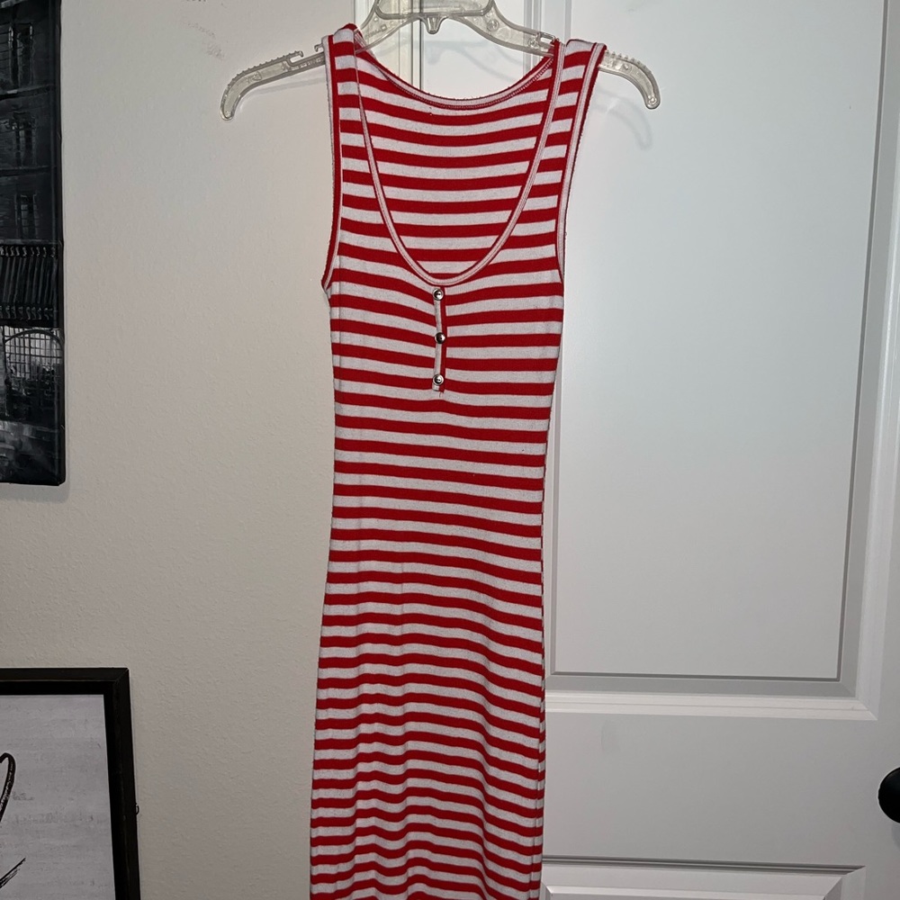 Long stretchy red and white striped maxi dress or swimsuit cover-up